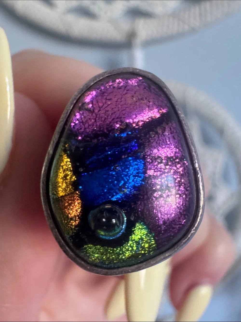 Colorful Dichroic Glass Statement Ring - Purple, Blue, Green, Gold